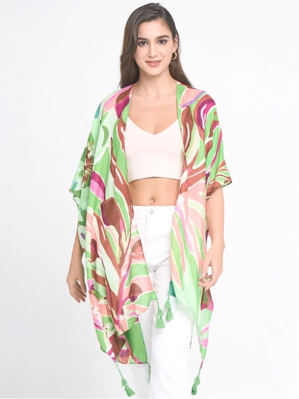 Lightweight Green & Pink Printed Kimono Wrap